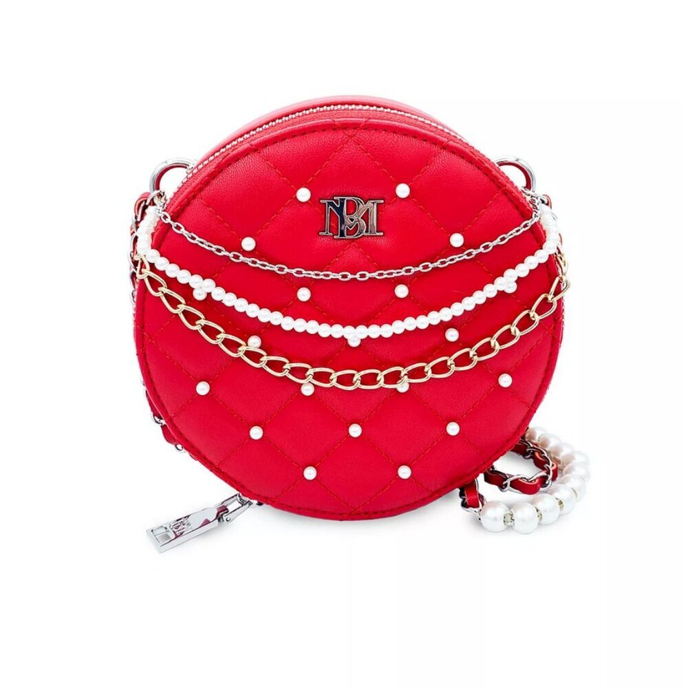 Badgley Mischka Quilted Small Round Pearl Shoulder Handbag Red